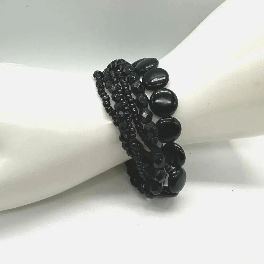 Premier‎ Designs Multi Strand Black Bead Bracelet Adjustable Layered Chunky